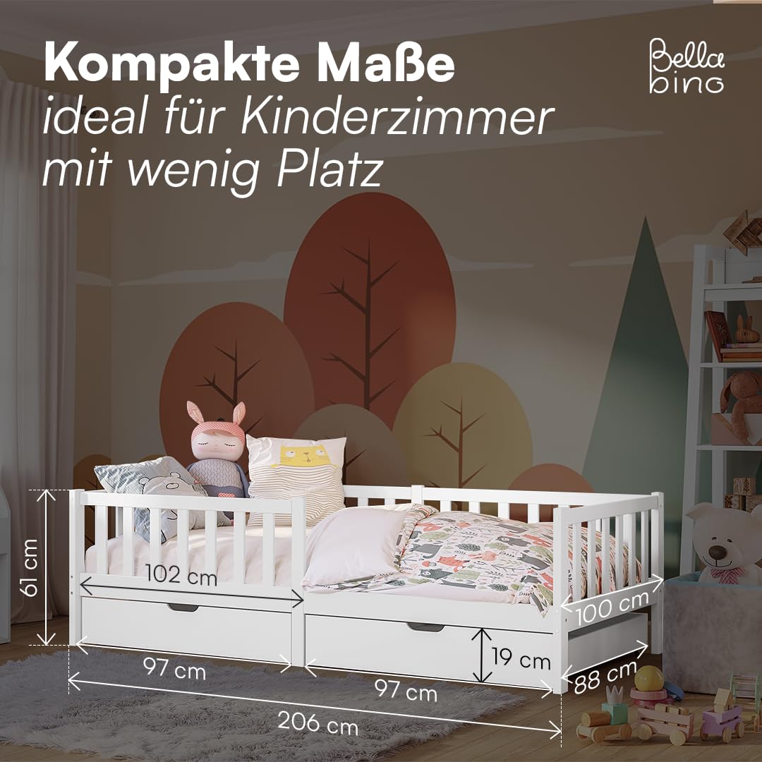 Bellabino Vere Kinderbett 90x200 cm – Montessori Bett mit Rausfallschutz, Lattenrost & 2 Schubladen– Massives Kinder Bett für Jungen & Mädchen aus Holz Kiefer – Kleinkindbett in Weiß mit Stauraum