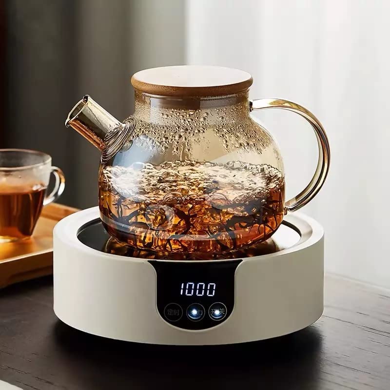 Image of Glass Teapot with Bamboo Lid Stovetop & Microwave Safe Kettle, Borosilicate Teapot with Removable Filter Spout for Loose Leaf and Blooming Tea and Fruit Tea 1000ml (Wooden Lid Kettle)