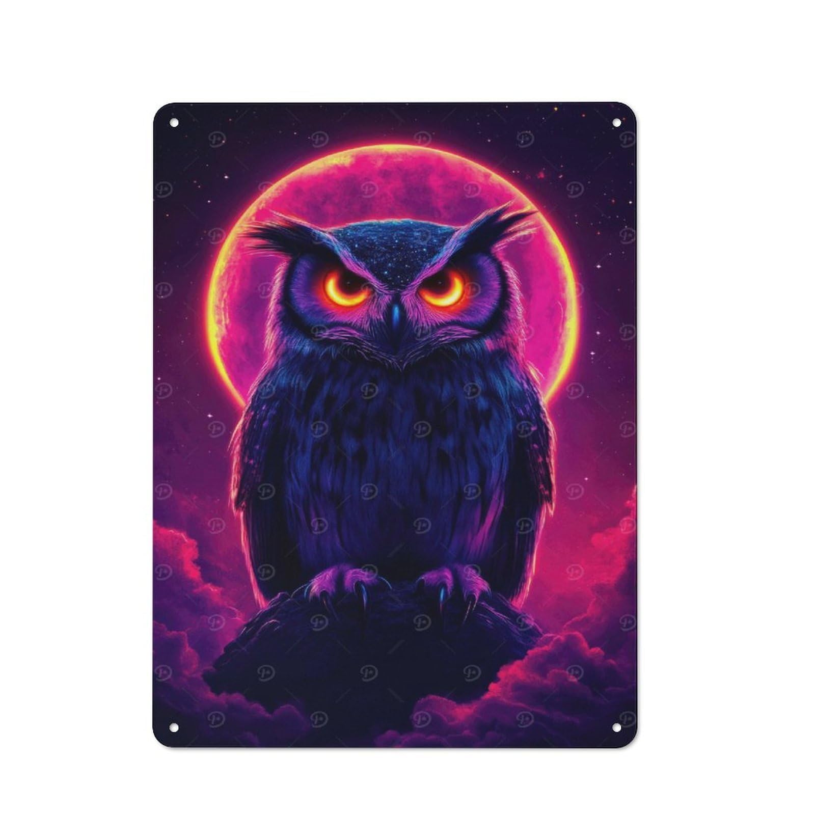Junmoney Style-8 Garage Style Neon Owl Under Full Moon Decorative Metal Plaque 40X30cm, Garage Wall Decor For Workshop, Basement, Shed Or Games Room