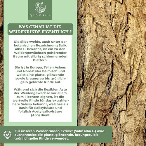 QIDOSHA® Weidenrindenextrakt mit 25% Salicin, 180 Kapseln im Apothekerglas, Wirkstoff-Gehalt in externem Labor testiert, 250mg je Kapsel, deutsche Fertigung