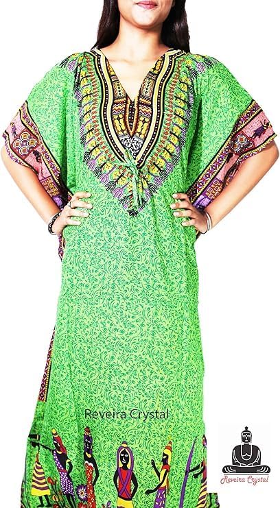 Women's Kaftan Maxi Dress, Green African Print, V-Neck Batwing Sleeves, Plus Size Beach Cover Up, 100% Polyster - Image 3