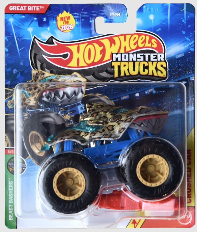 Hot Wheels Monster Trucks Great Bite Shark [Leopard] Beast Bashers 3/6 - Includes Crushed Car - 1:64 Scale Diecast Toy Vehicle