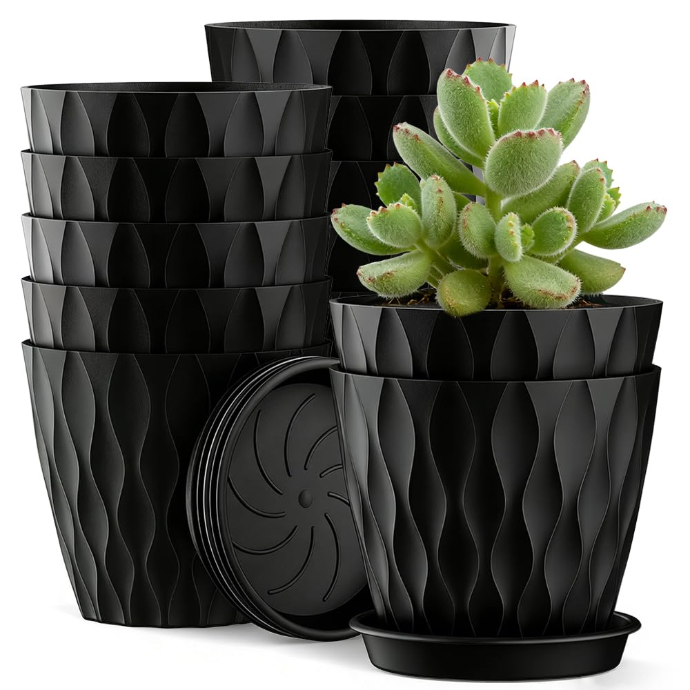 Gobesty 10CM Plant Pots, 12 Pack Plastic Flower Pots with Drainage Holes and Saucer, Wave Pattern Garden Plant Pots, Modern Decorative Small Planter Pot for Succulent and All House Plants (Black)
