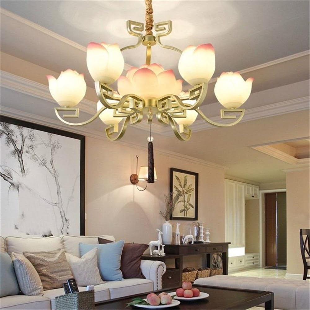 LYMSXAZOU Contemporary Lotus Pendent Lights Chinese Retro Creativity Villa Living Room Restaurant Bedroom Tearoom Study Hotel LED Decoration Chandelier (B 7 Lights)