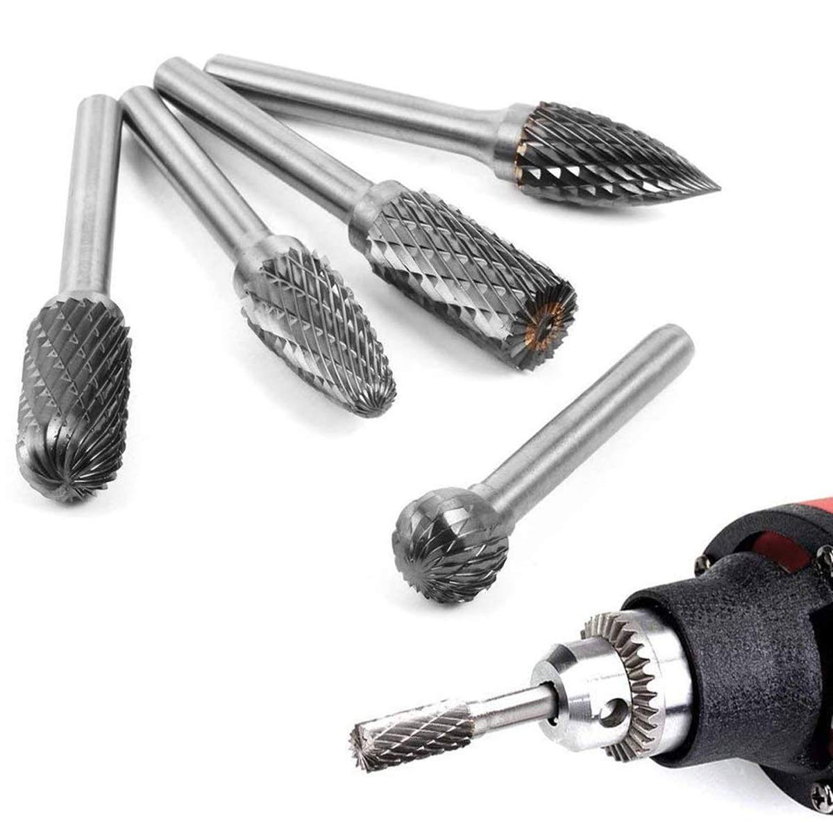 5PCS 6×10mm Fraises Double Coupe Rotatives Carbure de Tungstène Die Grinder Bit 6.35mm Tige Cylindrique de Gravure Rotatif Burres Pour Travail du Bois, Métal Polissage, Gravure, Perçage