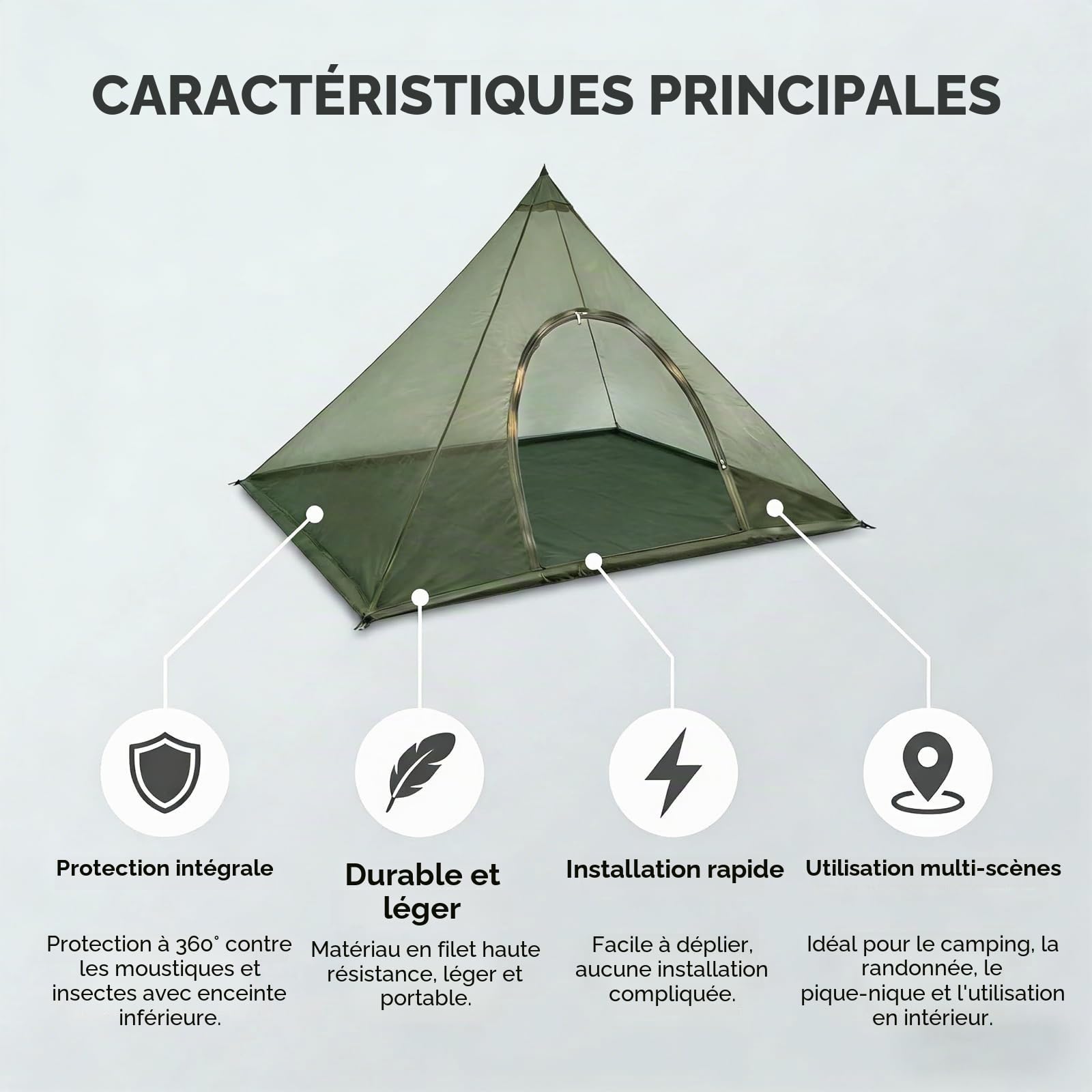 Moustiquaire de camping avec fermeture éclair : portable, pliable, pour le lit, le camping en plein air (vert militaire, 220 cm x 120 cm x 135 cm)