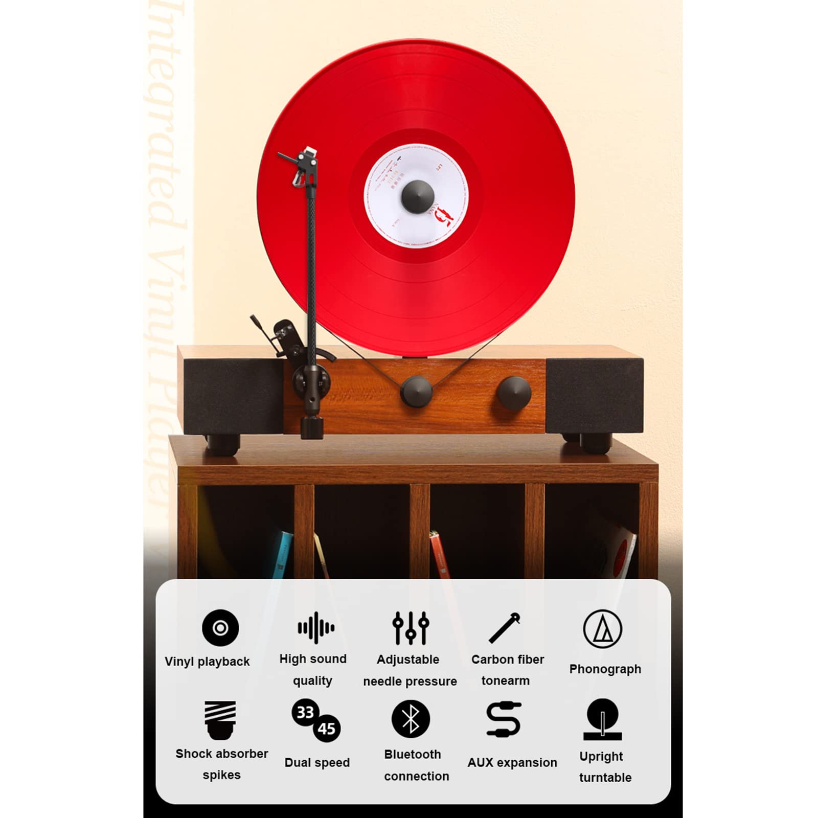 Pionowy zintegrowany odtwarzacz płyt winylowych, odtwarzacz audio 33/45 Bluetooth z podwójną prędkością, obsługa płyt 10" i 12", kolor brązowego drewna