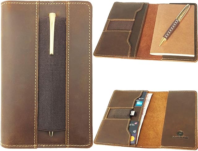 Leather Field Notes Cover, Moleskine Cahier Journal Cover | Handmade Vintage Leather Cover for 3.5" x 5.5" Brown Pocket Field Notebook & Small Notepad | Incl Pen + Field Note Booklet pen card holder