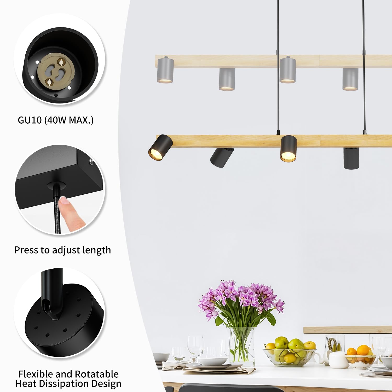 LVWIT Pendelleuchte Esstisch 6 Flammig Hängend Schwarz, Industrial Decken Hängeleuchte Holz GU10, Esszimmerlampe Schwarz, Metall Hängend Küchenlampe, Wohnzimmerlampe Decke, Lampe Flur