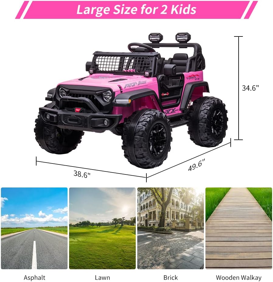 24V 2 Seaters Kids Ride On Truck with Remote Control, 20“ Large Seat + 15.5" Large Wheels, Electric Vehicle Car with LED Light, Storage Space, Bottle Holder,Music, Horn,USB for 3-8 Years (Pink)
