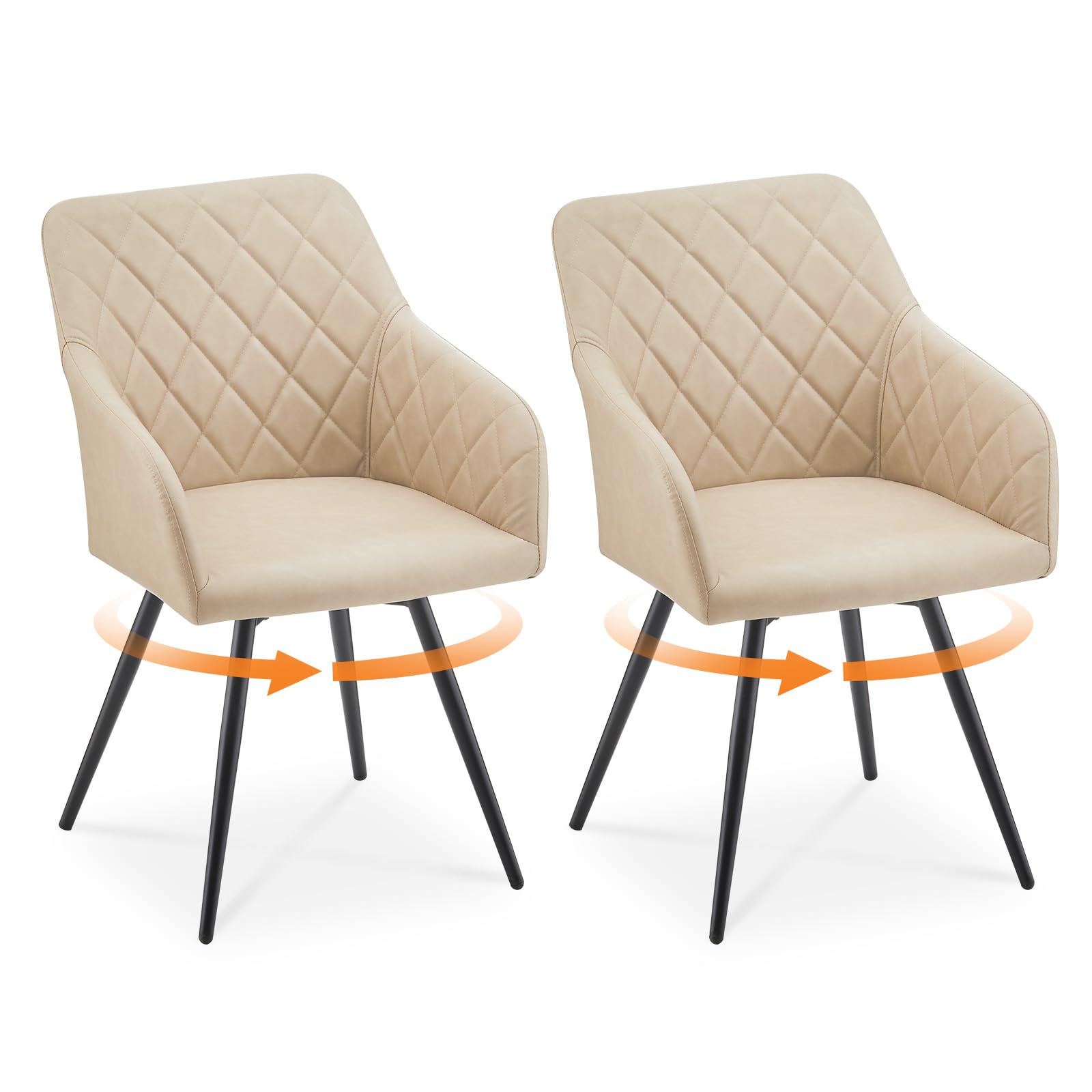 LEMROE Swivel Dining Chairs Set of 2, 360° Faux Leather Rotating Accent Armchairs with Backrest and Metal Legs for Kitchen, Upholstered Chair for Home Office Bedroom Lounge, Beige