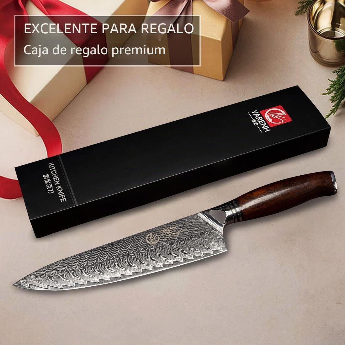 YARENH 20.5 cm Cuchillo Cocinero de Acero de Damasco, Profesional Cuchillo de Chef, Cuchillo de Cocina Afilado de Acero de con Alto Carbono, con Mango de Sándalo, con Funda Magnética