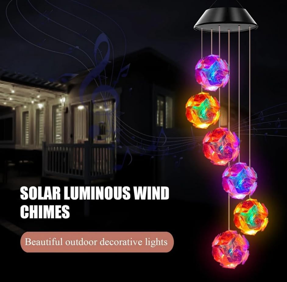 2 Pack Solar Powered Color Changing Pink Embroidered Ball Flower Wind Chime Light Waterproof Outdoor Night Light Hanging Solar Lamp