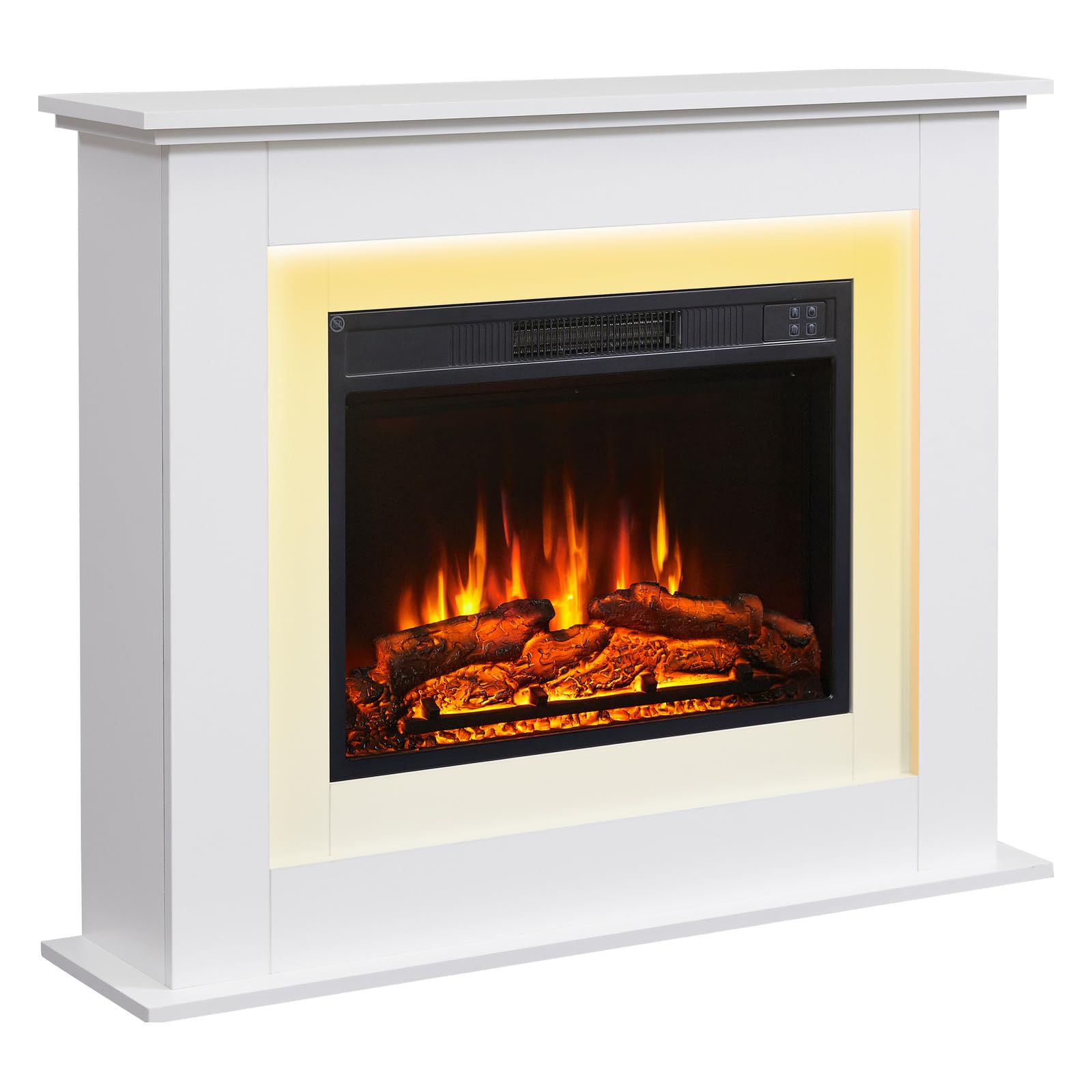 FLAMEKO 39 inch Electric Fire and Surround for Living Room, Savannah White | 1.8kW Heater, 3 Flame Effects, 13 Mood Lights, Remote Control, 7-Day Timer, Plug In, No Chimney Needed