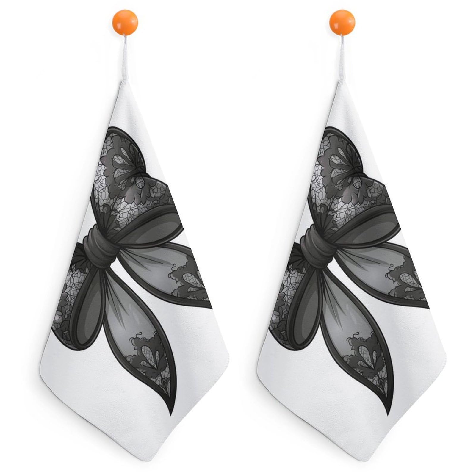 Jubonexis Black Lace Thick Coquette Bow Small Hand Towel with Hanging Loop 2 PCS Absorbent Soft Wash Cloth for Kitchen Bathroom