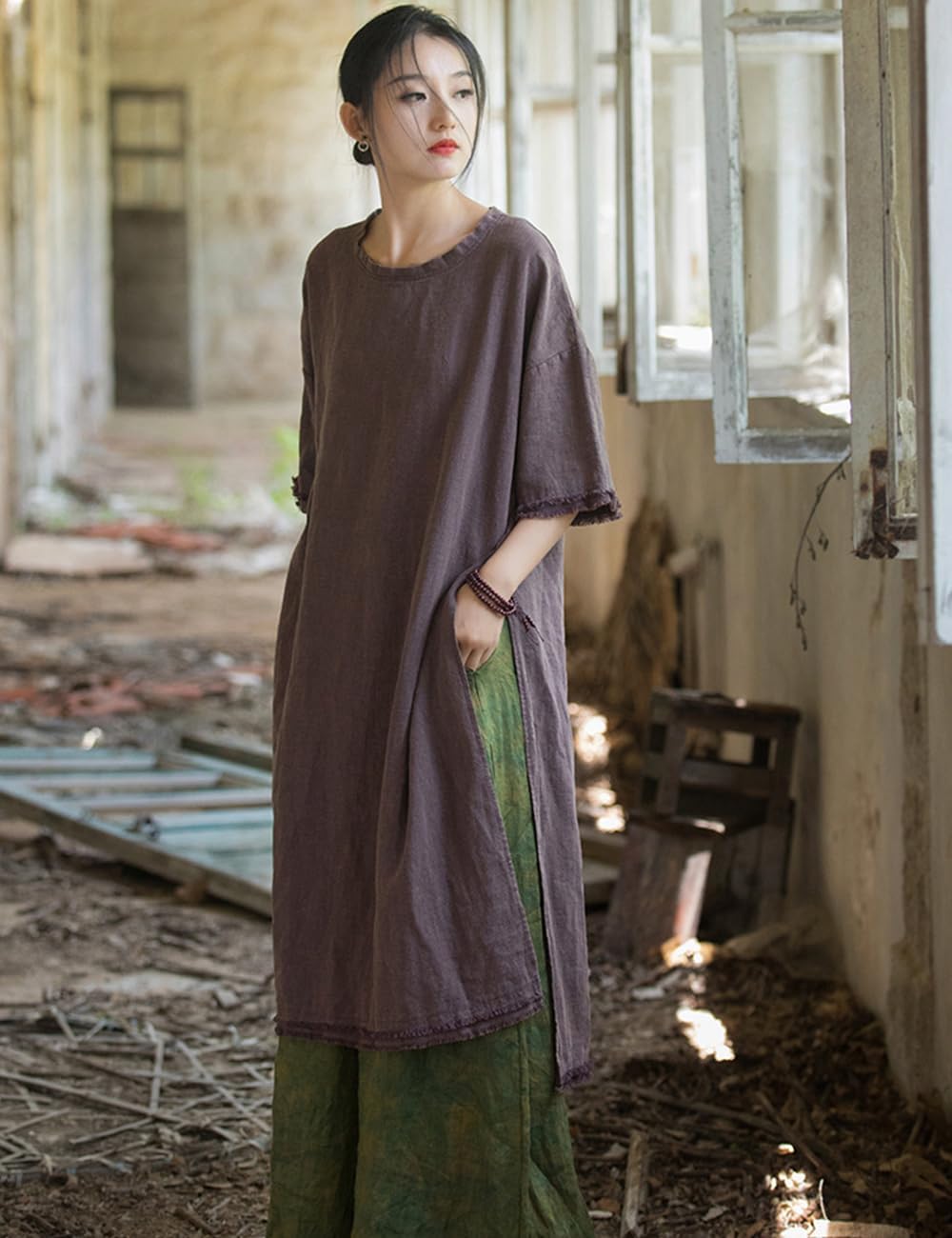 NFYM Women's Linen Midi Dress Short Sleeve Side Slit Distressed Frayed High Low Tunic Dresses - Image 7