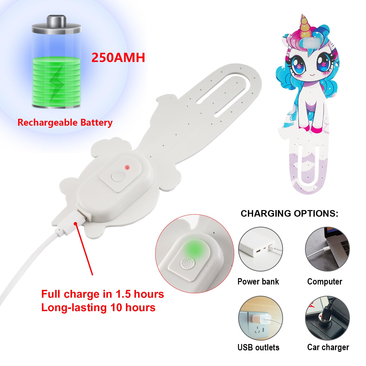 Luce da lettura ricaricabile, luce da lettura leggera, segnalibro a LED con 3 modalità regolabili, clip portatile per storie della buonanotte dei bambini, confezione da 2