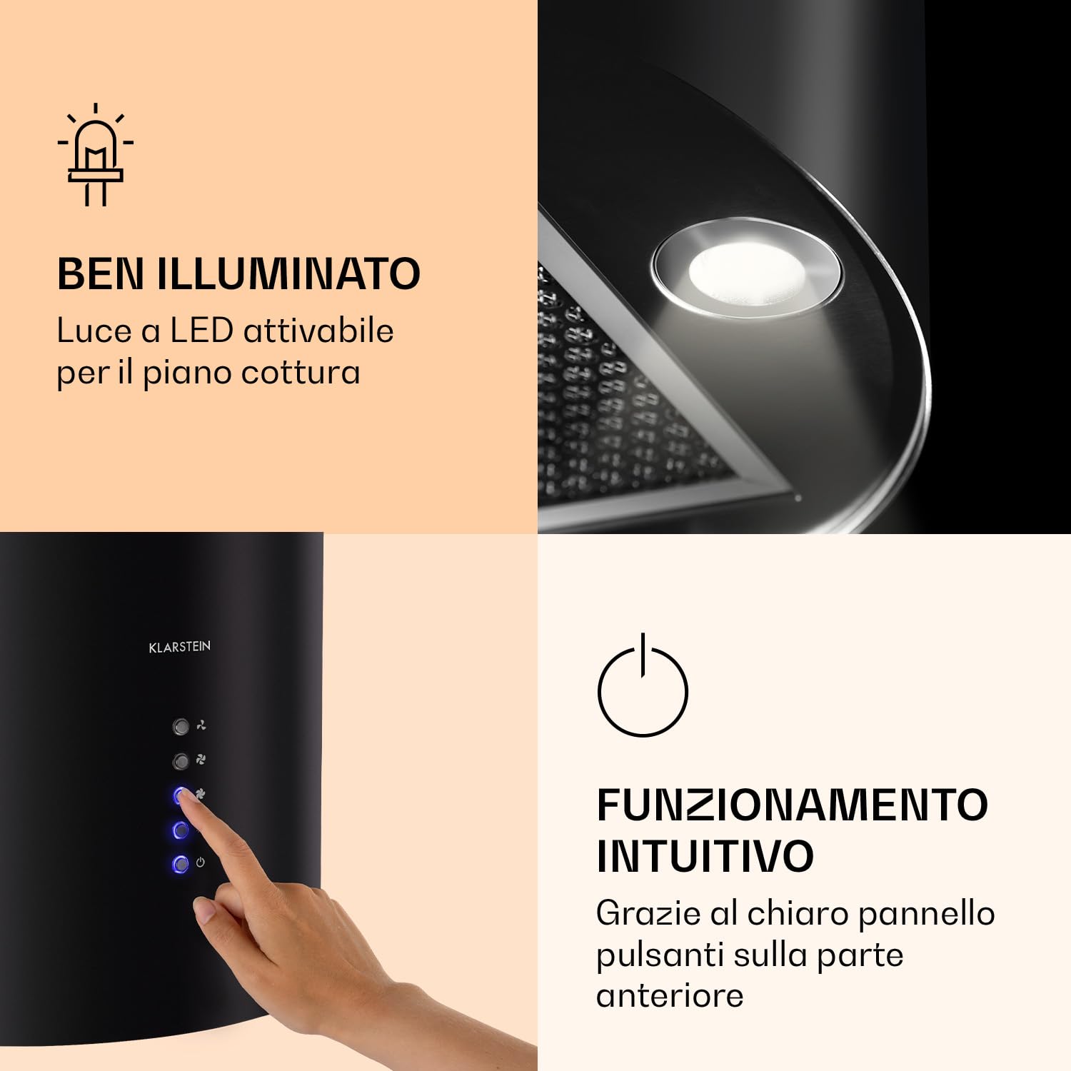 Klarstein Barella - Cappa aspirante, 557 m³/h ricircolo, LED, filtri a carbone, 35 x 93 x 43 cm, Nero