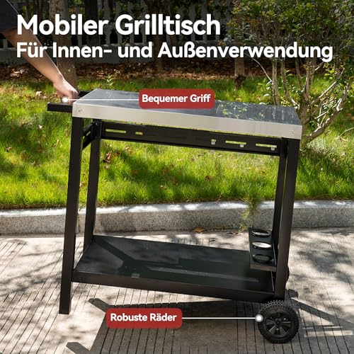 Royal Gourmet Grillwagen Rollwagen mit Edelstahl-Platte für Tischgrill und Pizzaofen, Outdoor Servierwagen Grilltisch mit außergewöhnlicher Tragfähigkeit