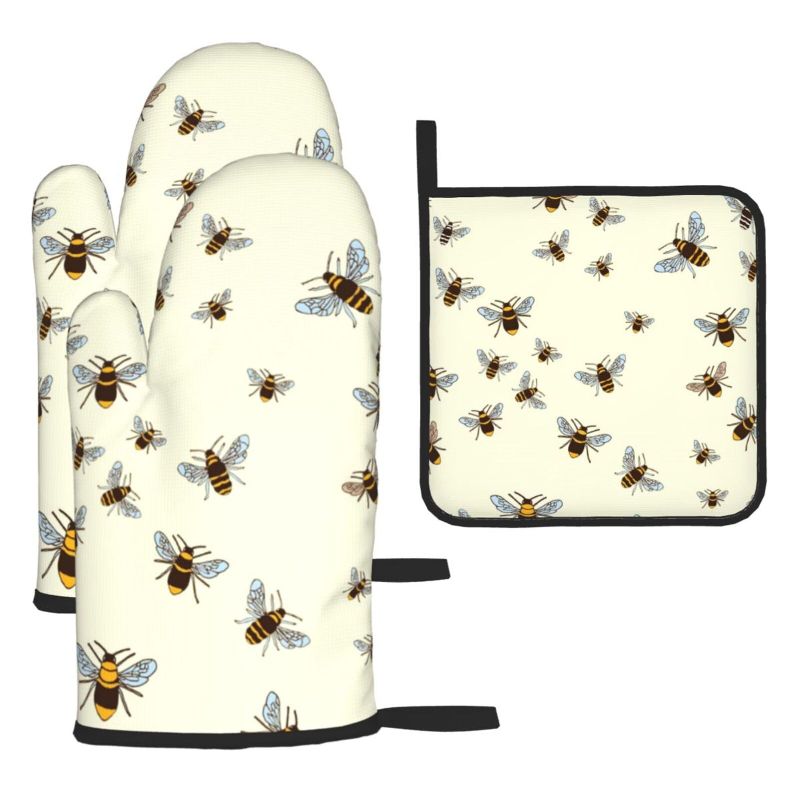 Bee Print Oven Set Kitchen Gloves Baking Grilling Microwaving Cooking Gift Everyday Holiday