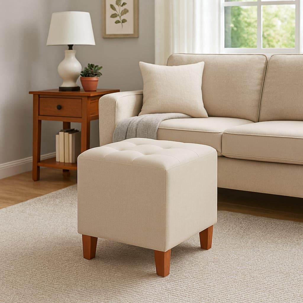jaico square ottoman stool – tufted pouf with solid wooden legs | modern footrest, extra seating & accent furniture for living room, bedroom & office decor (beige)