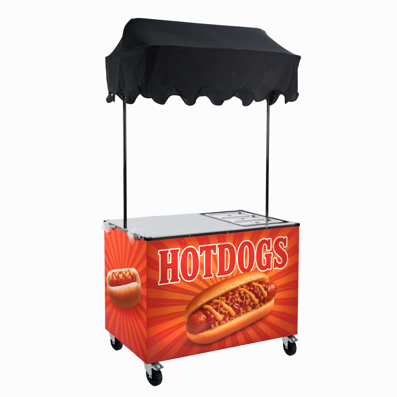 Carrito Hot Dogs Profesional | Carro Street Food con Baño María | Acero inoxidable con 3 cubetas GN, toldo y ruedas con freno. Catering, ferias, eventos y venta ambulante - Sol y Carpa