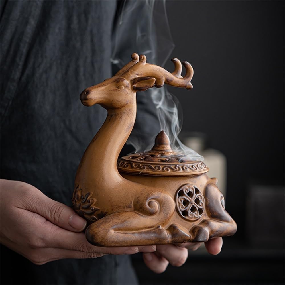 Recogedor de Cenizas Quemador de Incienso cerámica Creativo con Tapa, Adorno for la Ceremonia del té en casa Decorativo(Bruin)