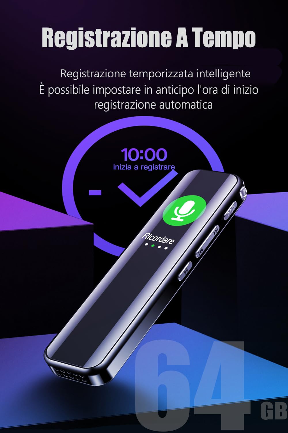 Registratore Vocale, Memoria da 64 GB, Ricaricabile Tramite USB, con Controllo Vocale, con Lettore MP3 per Registratore Audio del Corso, Conferenza e Intervista, Mini Registratore Vocale Spia