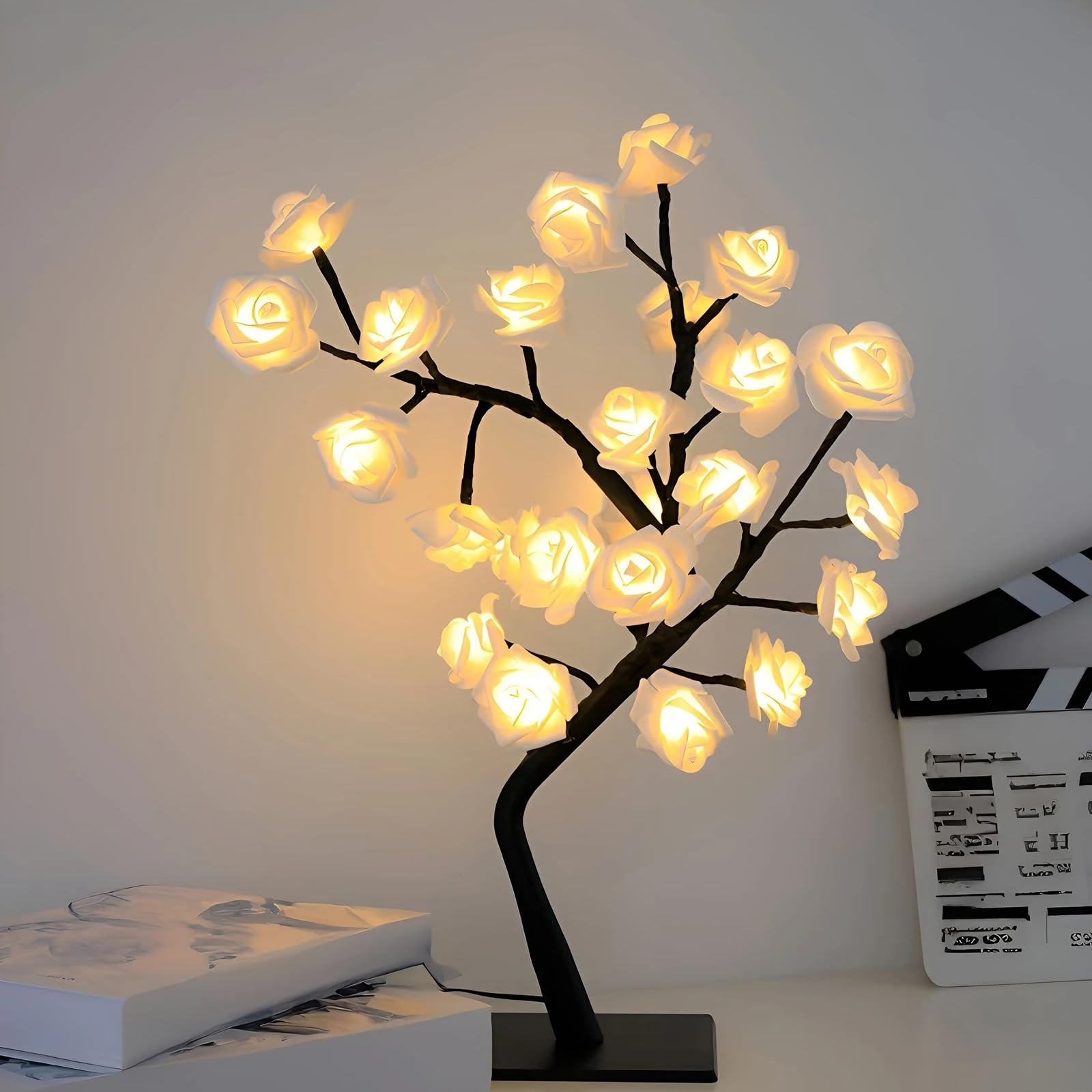 wpdash Elegant White Rose Branch Ambiance Light Plastic Flower Art Table Lamp, Perfect for Scandinavian-Style Living Room or Bedroom Decor and Home Wedding Decorations (USB Powered) — image 1