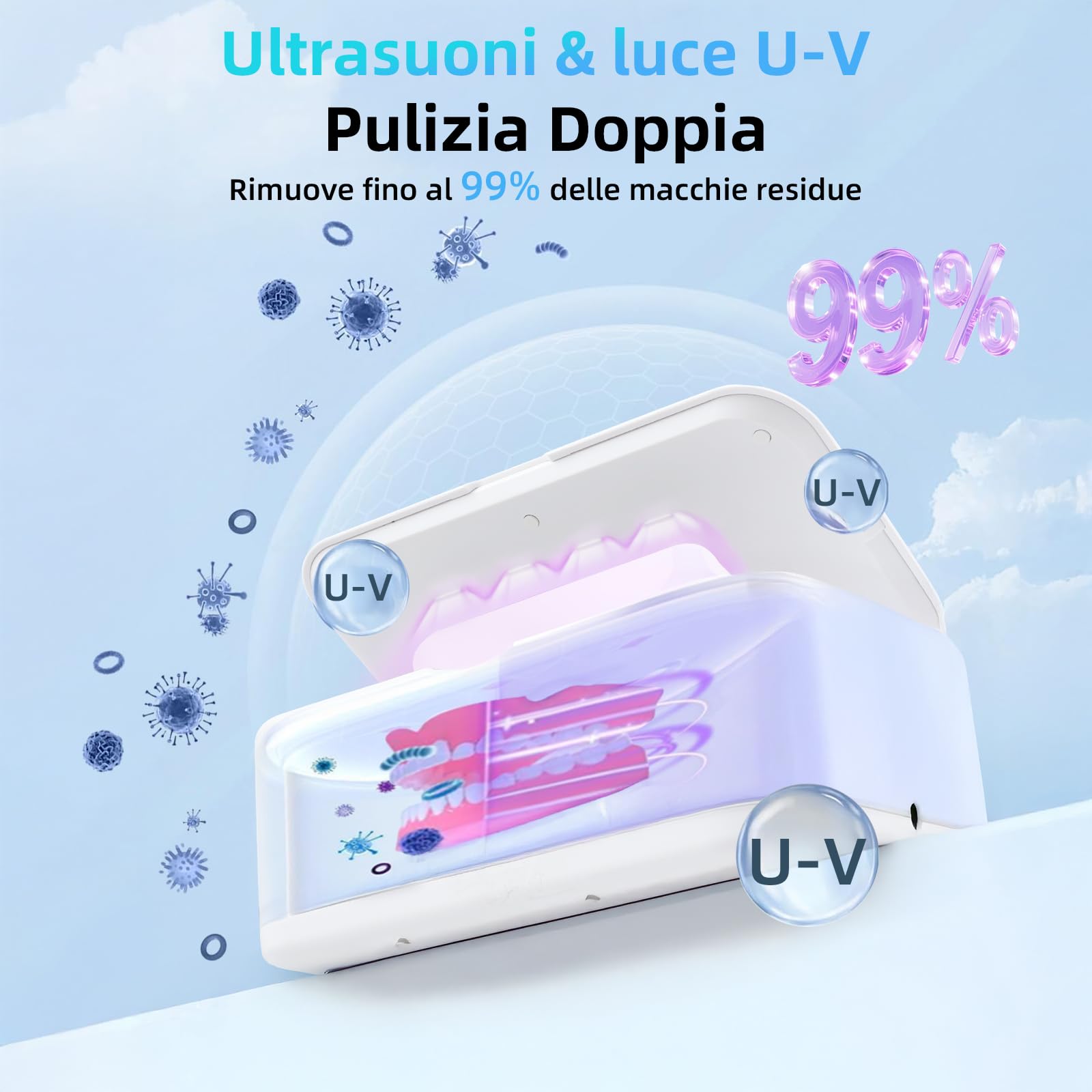 Pulitore Ultrasuoni 800ml, 49000Hz con Lampada U-V e 5 Modalità di Tempo – Pulitore Gioielli Ultrasuoni per la Pulizia Occhiali da Vista, Gioielli, Monete, Rasoi, Protesi, Spazzolini e Altri Accessori