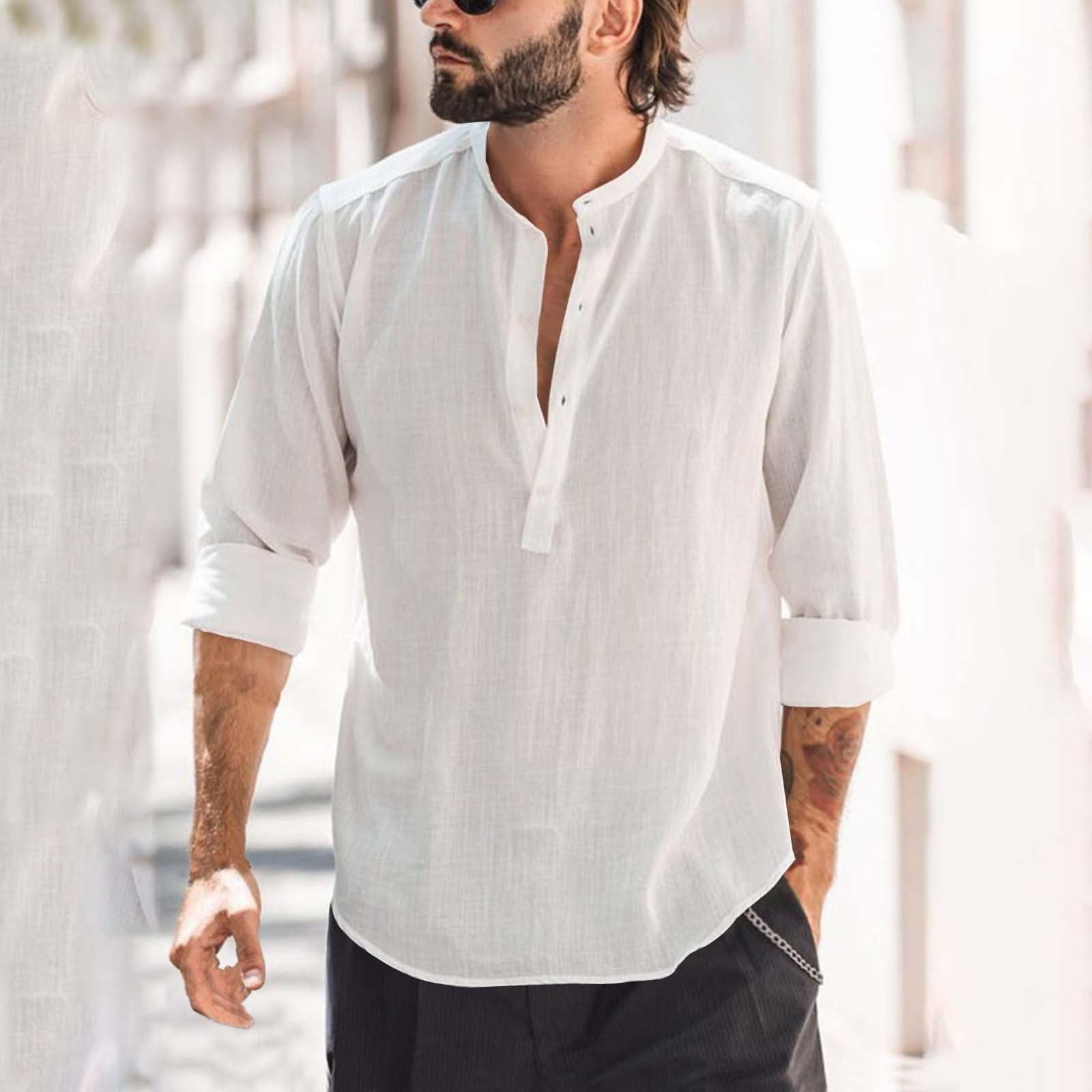 Polo Coton Homme Manches Longues Henley Polos Col Mao Tee Shirt Coupe Ample Tshirt Couleur Unie T-Shirts Décontractée Teeshirt Leger Respirant Hauts avec Boutons Vêtements Loisirs Haut