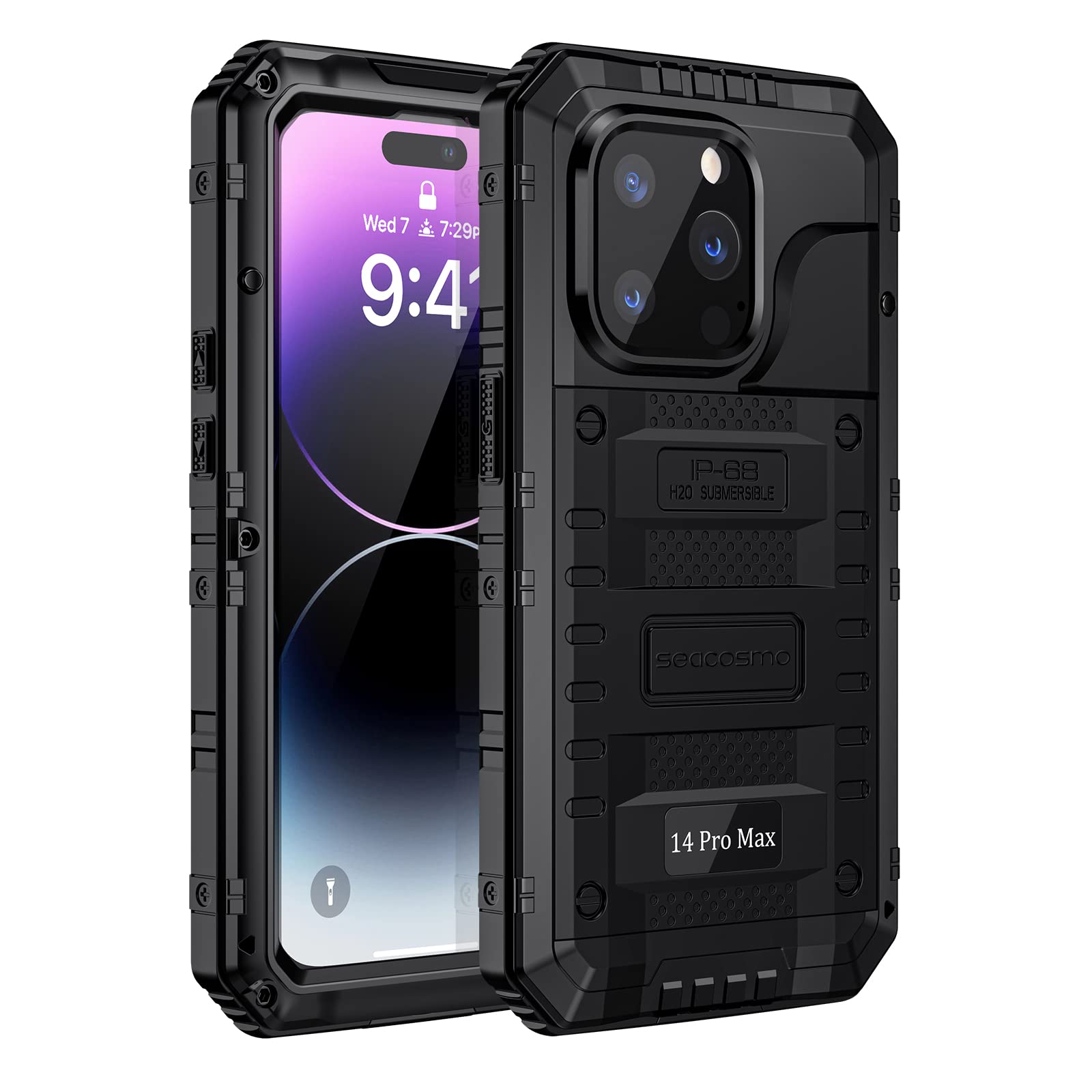 seacosmoiPhone 14 Pro Max Case, IP68 Waterproof Shockproof Tough Armour Heavy Duty Metal Case with Built-in Screen Protector, Full Body Sealed Protective Cover for - Black
