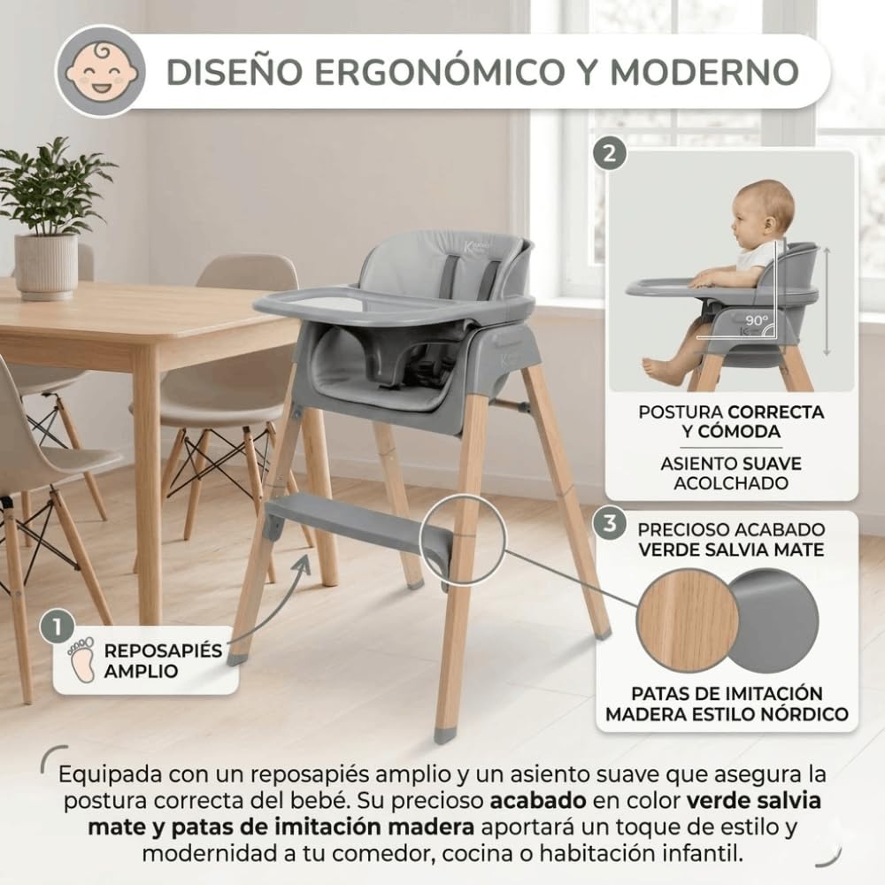 DEVESSPORT Trona 2 en 1 Plegable y Evolutiva (6 a 60 Meses) - Silla Alta Convertible con Montaje Sin Herramientas, Bandeja Extraíble, Cojín Lavable y Estructura de Acero Lacado - Gris