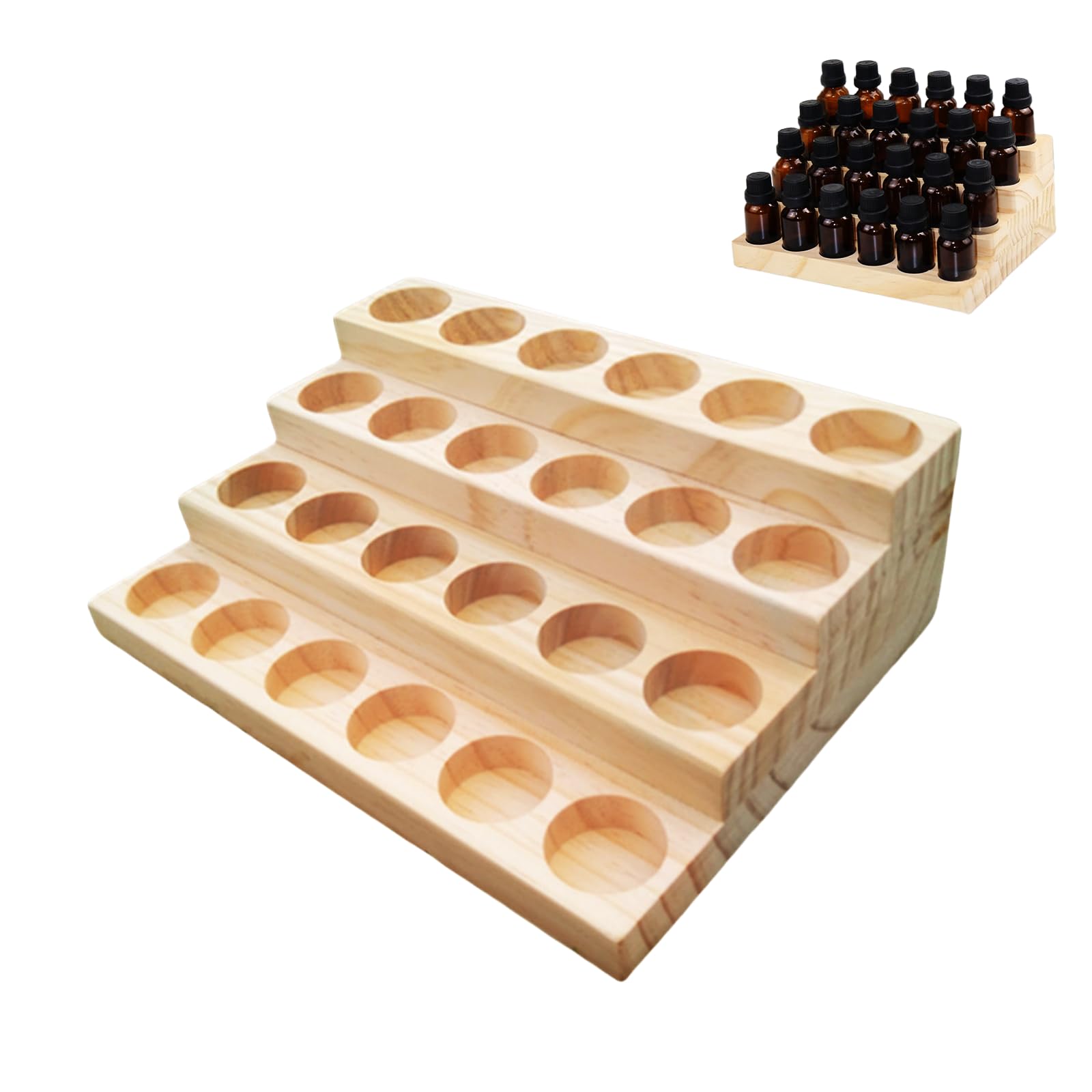 LONG TAO Essential Oil Display Stand 4 Tier Essential Oil Holder Solid Wood Essential Oil Rack for 24 Bottles Tabletop Display Holder Bottle Organizer for 5-20ml Bottles Display for Essential Oils