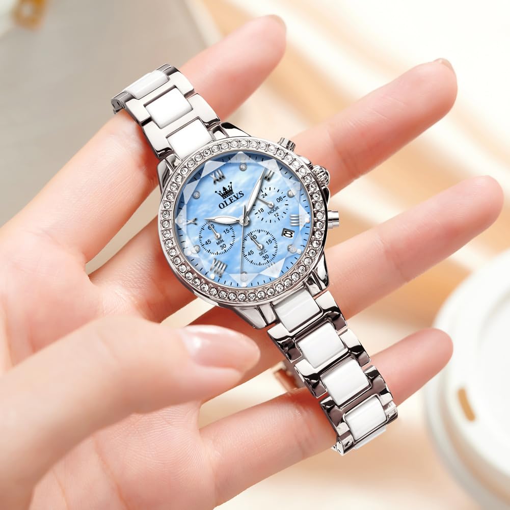 Orologio da donna in ceramica di lusso, con cronografo con cristalli scintillanti, orologio analogico al quarzo con 6 lancette con data, lancette luminose, impermeabile, elegante orologio da polso da