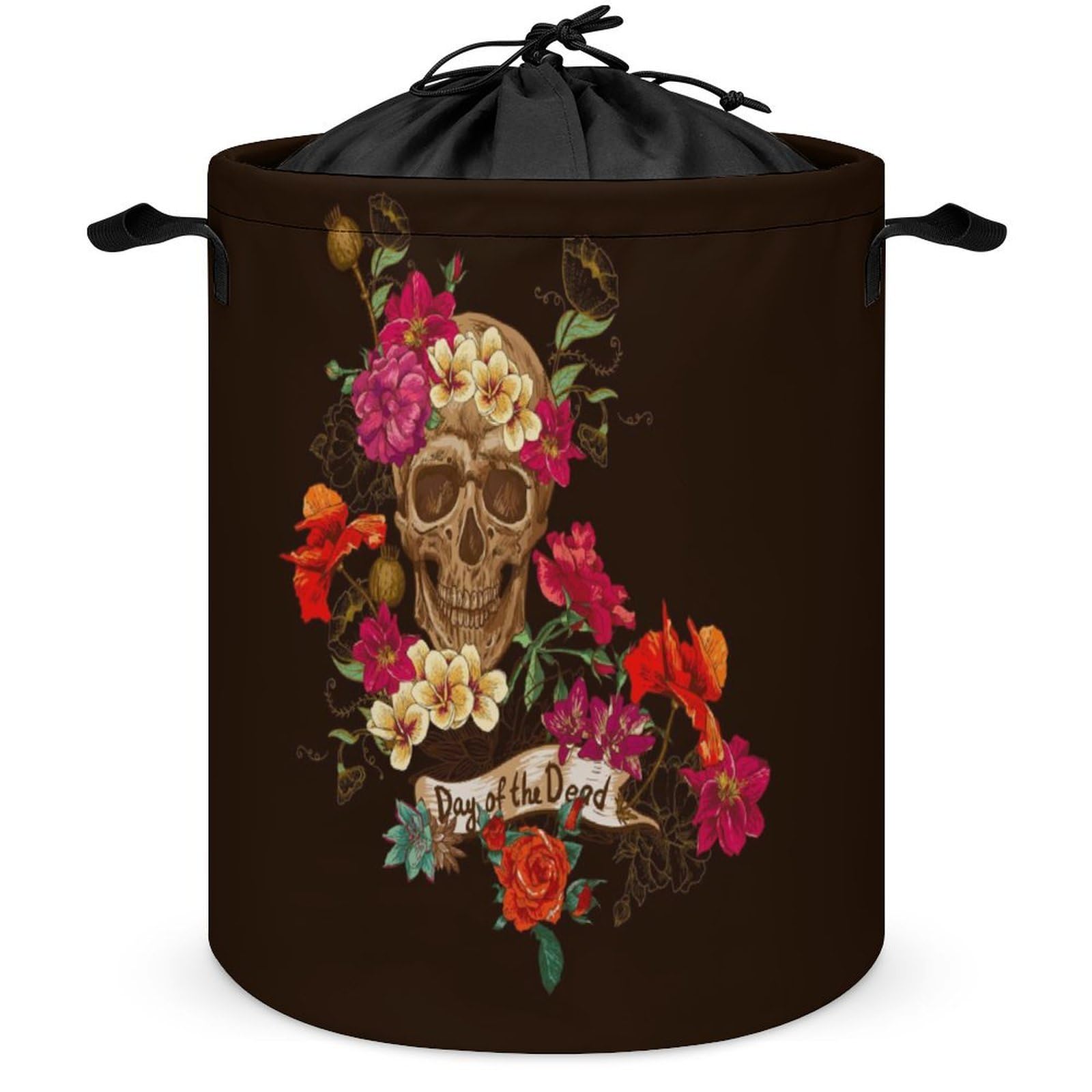 Wlntrophic Drawstring Laundry Hamper, Floral Sugar Skull Day of The Dead Laundry Basket, Washing Basket with Handle