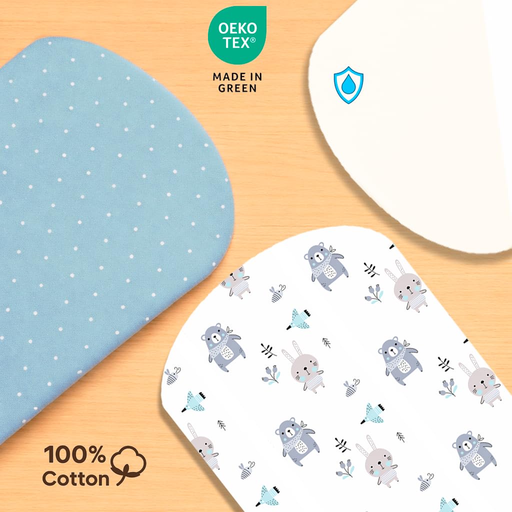 2X Spannbettlaken Kinderwagen 100% Baumwolle + 1X Wasserdichter Matratzenschoner – 3er Set 40x80– Für Stubenwagen & Kinderwagen - Oeko-Tex (Blaue Tiere, 43 x 83 cm)