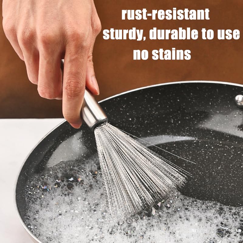 Image of 2 Pack Cookware Scrubber Brush, Stainless Steel Pots Pans Cleaning Brush with a Long Handle Dishwashing Scrubber for Ovens Grills