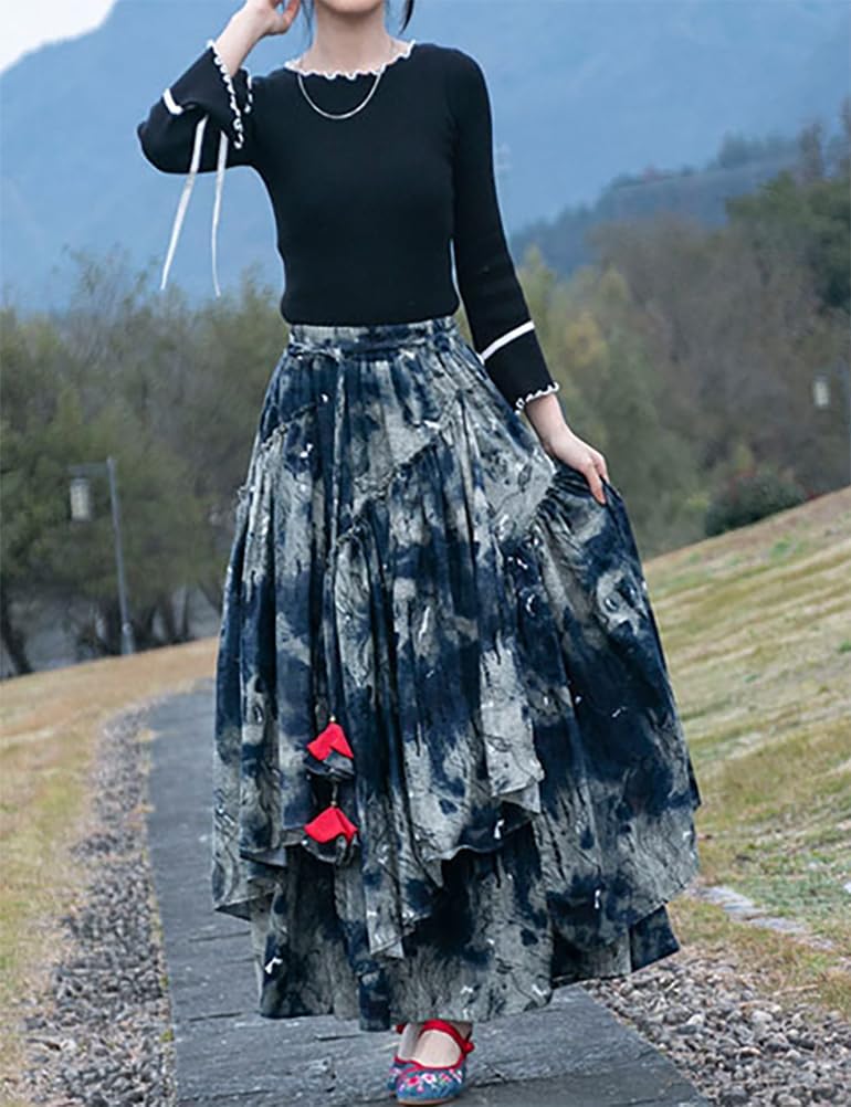 IDEALSANXUN Gonna lunga da donna con elastico in vita Aline foderato in cotone retrò Maxi orlo plissettato, Stampa 001, L