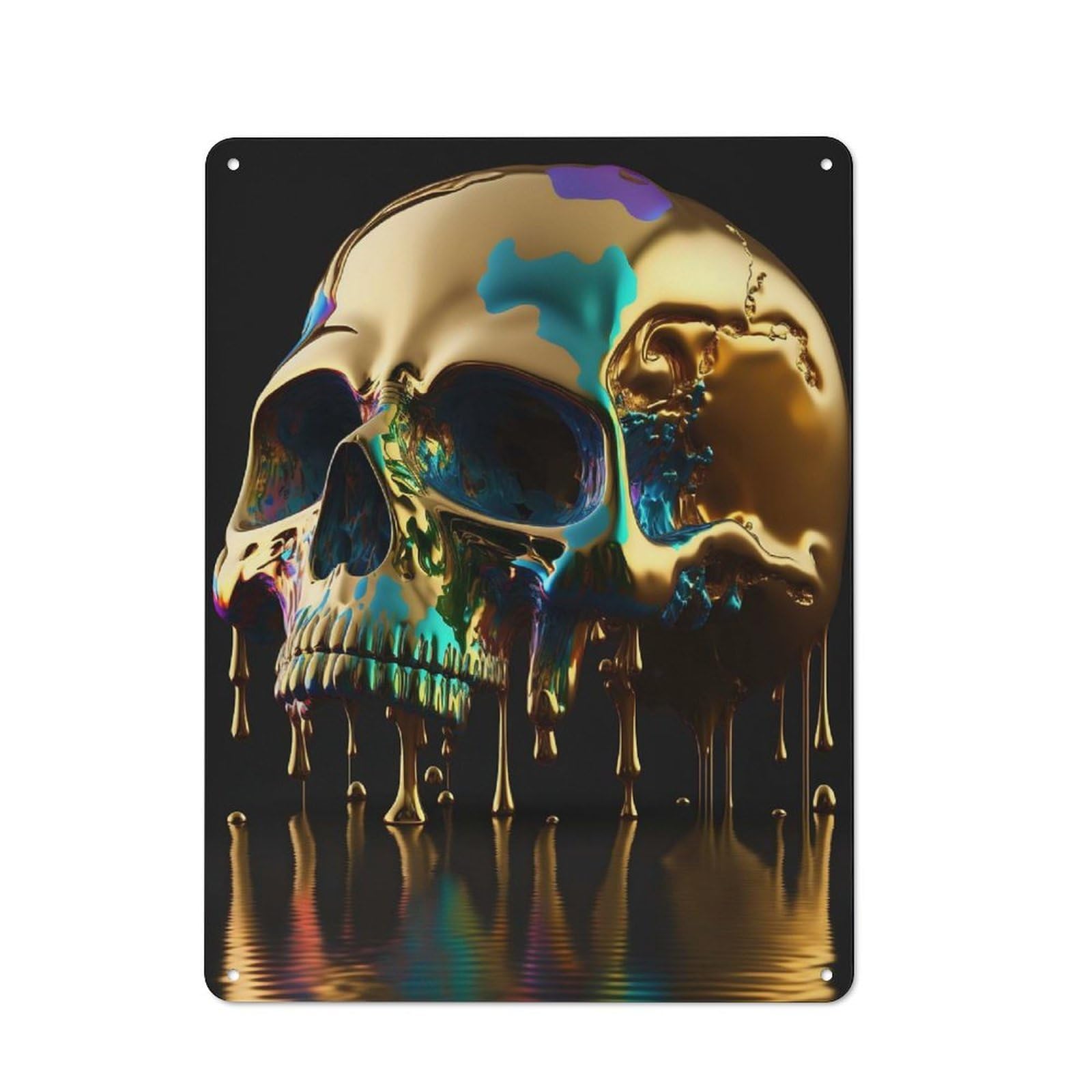 Metal Wall Sign 40x30cm Featuring Golden Skull for Living Room Wall, for Metal Sign Collectors, for Garage And Workshop Walls