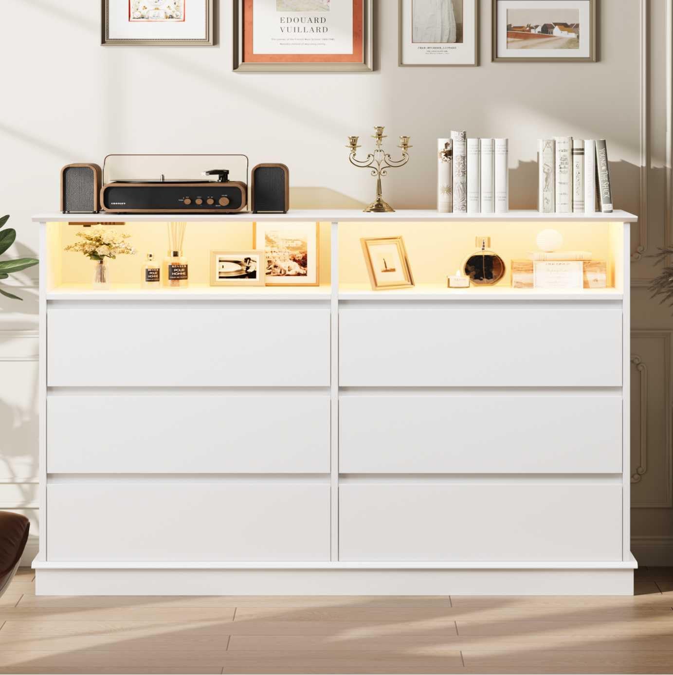 GAOMON White Dresser for Bedroom with 6 Drawers, Modern Chest Featuring LED Lights and Charging Station, Spacious Storage Cabinet with Open Space for Living Room or Hallway White 15.6"D x 51.2"W x 37.8"H (6 Drawers)