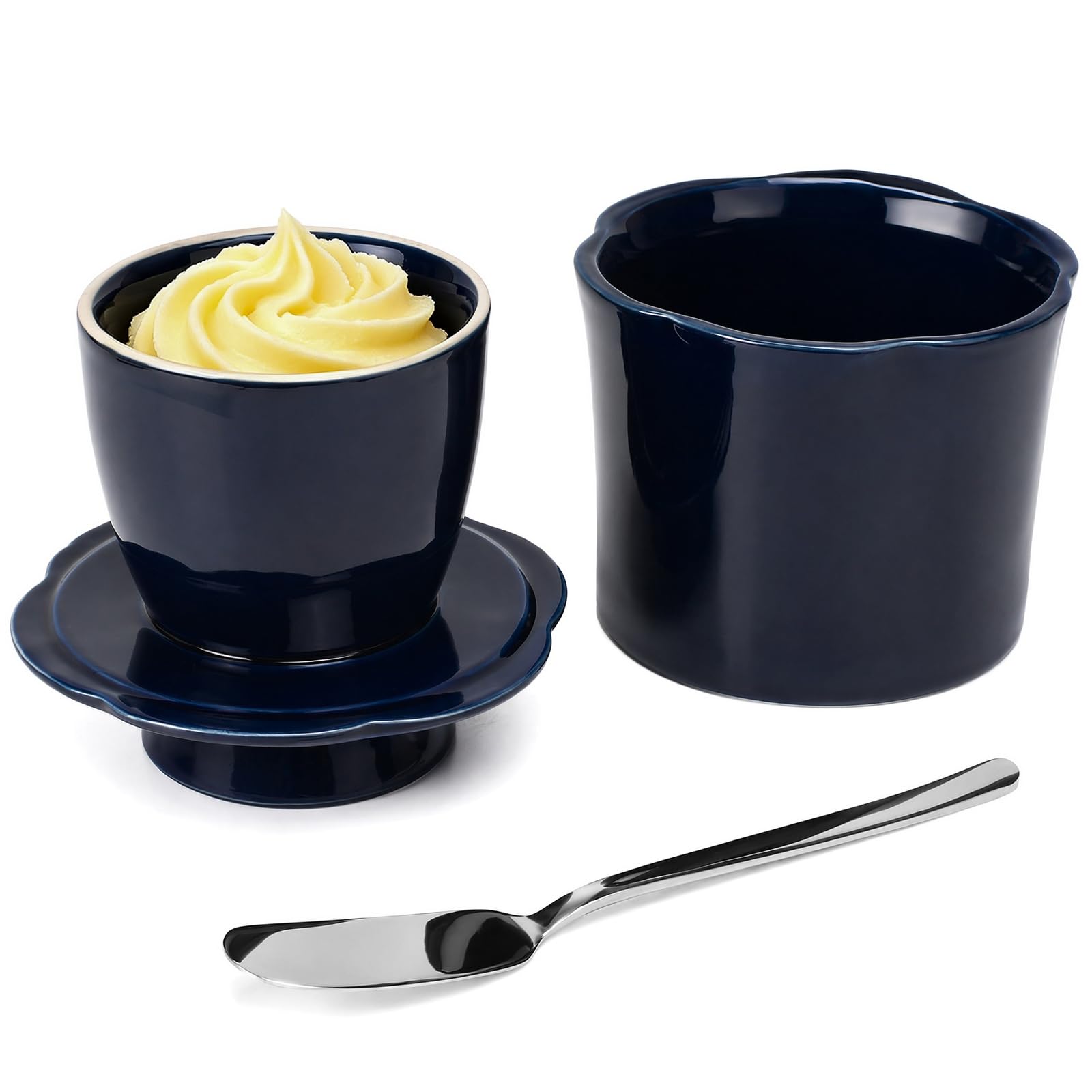 French Butter Dish with Lid, Ceramic French Butter Crock with Spreader Blue