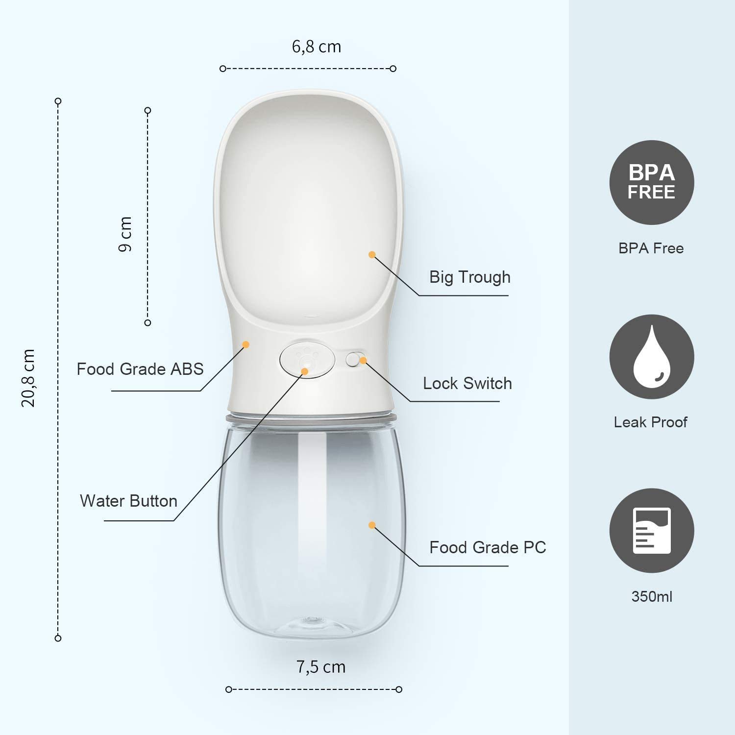350ml Borraccia Portatile per Cani, Dispenser per Acqua Antibatterica per Alimenti per Animali Domestici Perdita Prova Cane Gatto BOL Bottiglia da Viaggio, Bere all'aperto Pet White