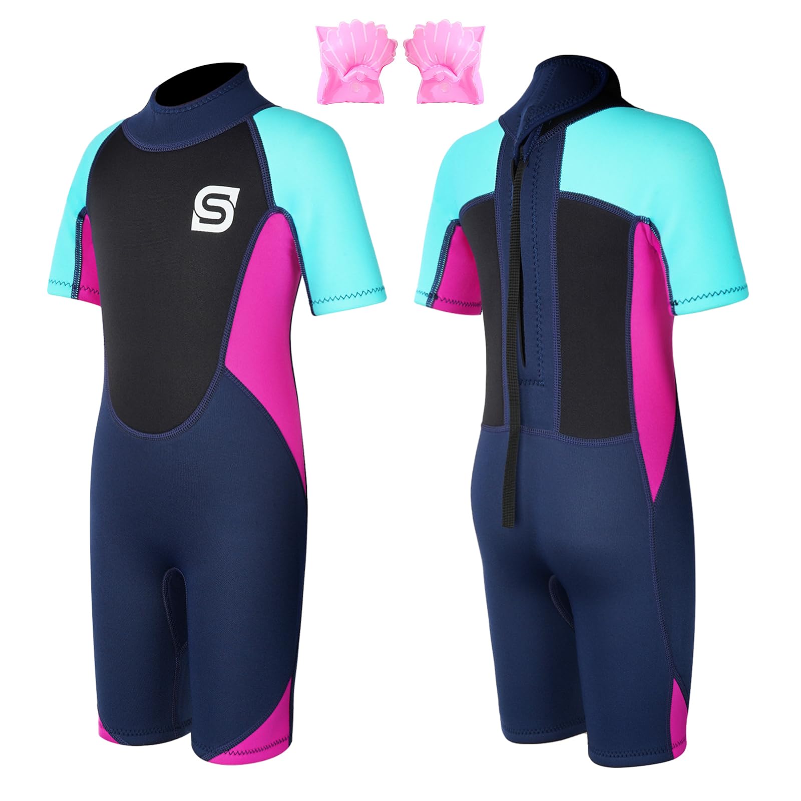 Summshall Neoprenanzug Kinder mit Schwimmflügel 2.5mm Shorty Neopren Kinder Neoprenanzug Kurz Wärmender Neoprenanzüge Thermal Badeanzug für Mädchen und Jungen zum Tauchen, Schwimmen, Surfen