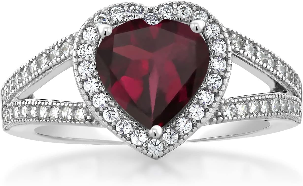 Gem Stone King 8MM Heart Gemstone Birthstone and White Moissanite Halo Ring For Women | 925 Sterling Silver | Jewelry for Anniversary Wedding Engagement Promise