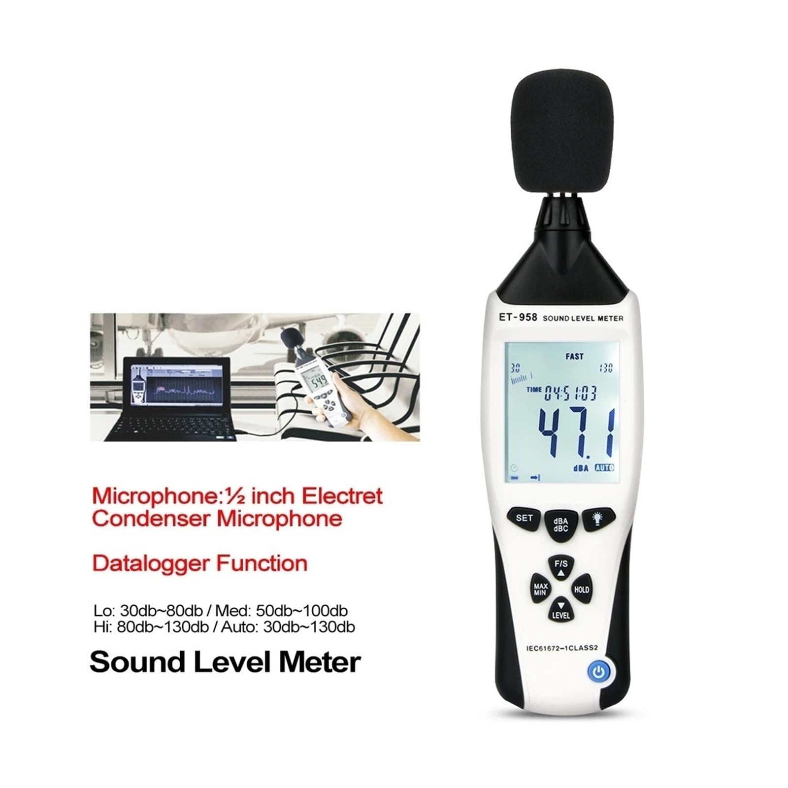 Misuratori Di Livello Sonoro Datalogger Fonometro Digitale Professionale Misuratore Rumore Audio 30-130 DB Decibel Precisione Estremamente Elevata