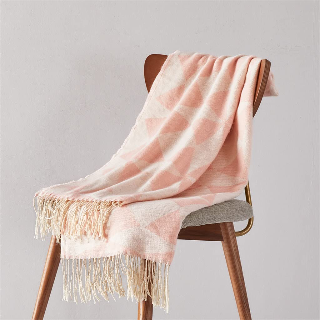 Couverture géométrique rose plaid franges pour cocooning salon