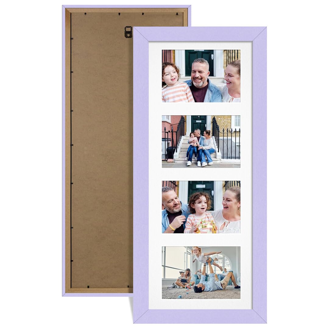 Alison Kingsgate Purple 50x20cm Photo frames for multiple pictures -4 Apertures Collage Frame with White Mount - Holds (4x) 6x4 Photos - Engineered Wood & Perspex
