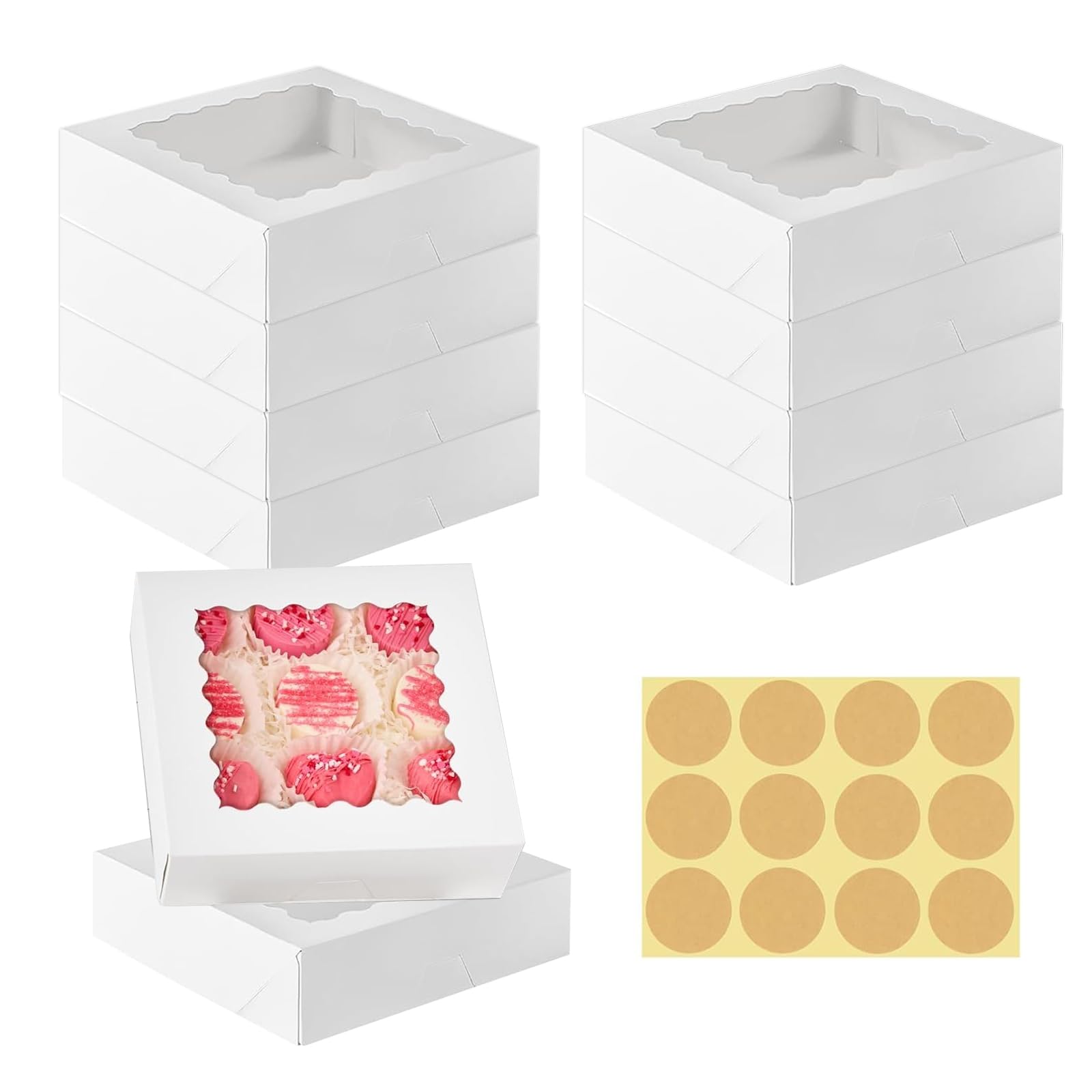 BDHYYM 10 Pcs Auto-pop Up White 20.3x20.3x6.4cm Cookie Box with Window Pastry Macaron Bakery Box and 12 Stickers For Packaging Cupcakes Desserts Pastries Cookies Small Cakes Candy Pies & Gifts
