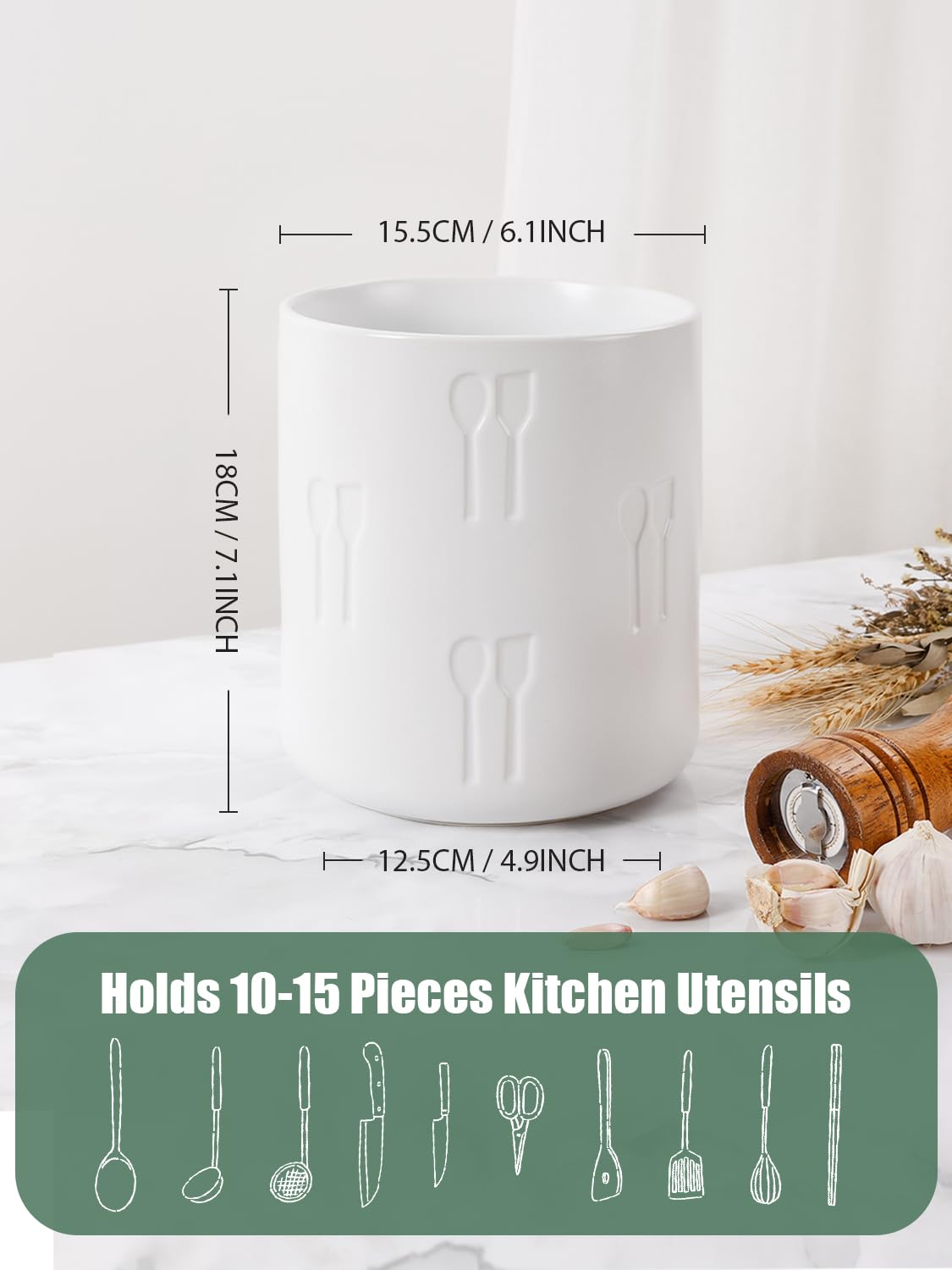 Küchenutensilien Aufbewahrung Keramik, 18 x 15,5 cm Große Utensilienhalter Relief Besteckhalter für Küche, Arbeitsplatte Aufbewahrung, Utensilien-Organizer, Eiskübel, Weiß